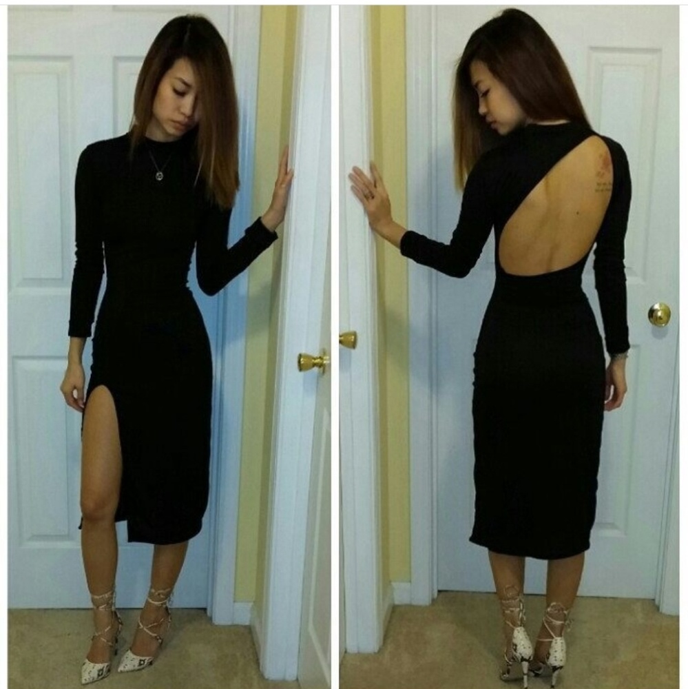 Sexy black long sleeve midi dress open back